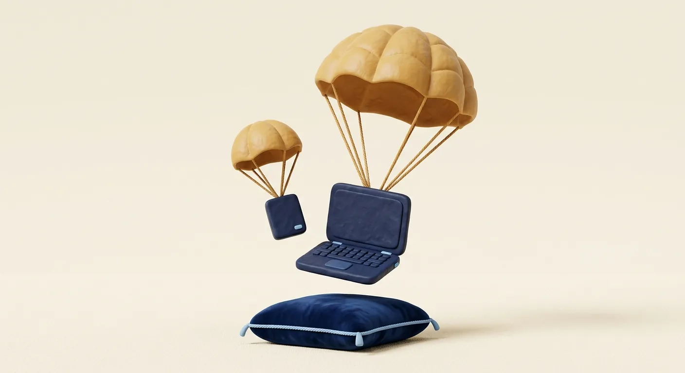 A laptop and backup drive parachuting onto a cushion.