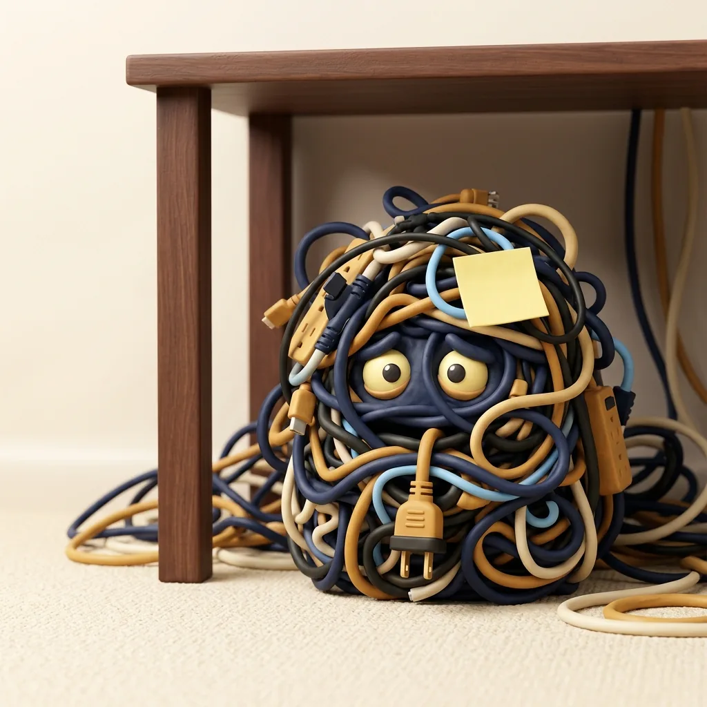 A friendly monster made of tangled cables hiding under a desk.