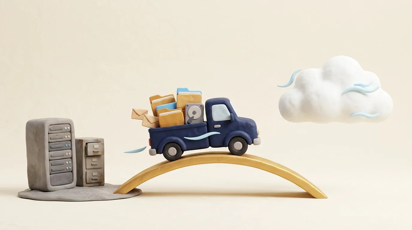 A truck carrying files and email across a bridge from an old server to the cloud.