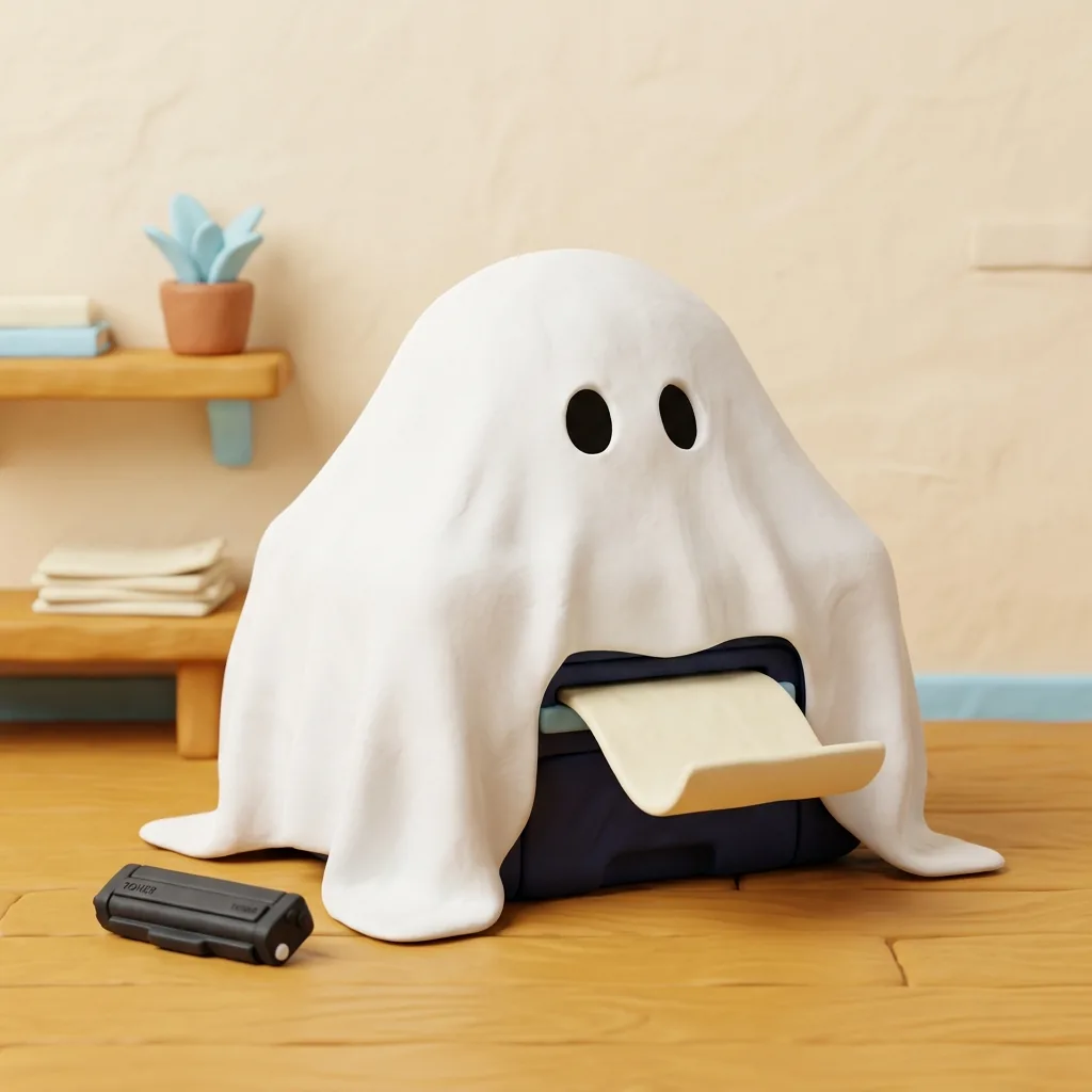 An office printer in a ghost costume, with a toner cartridge on the floor.