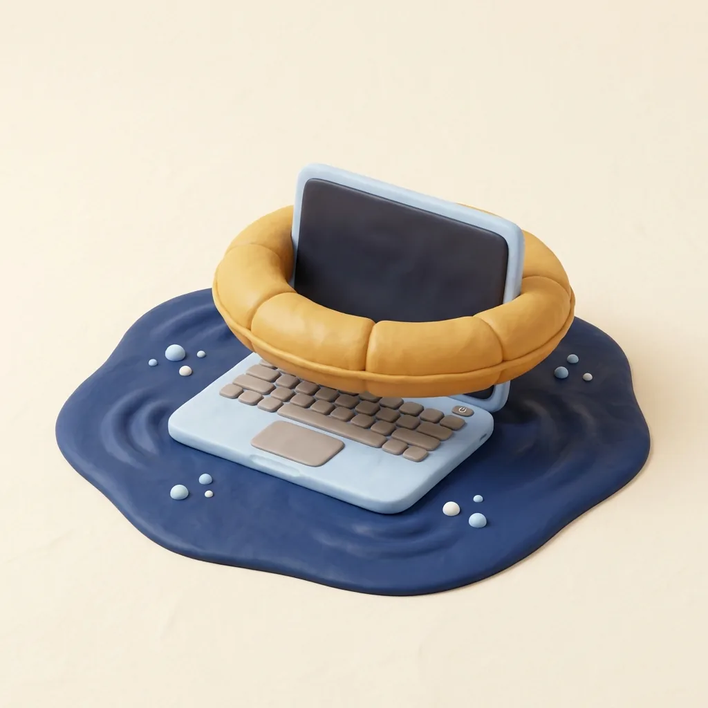 A laptop wearing a life ring, floating calmly.
