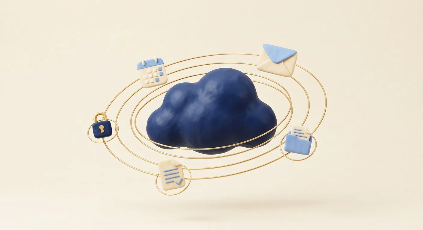 A cloud with email, calendar, documents and a lock orbiting it.