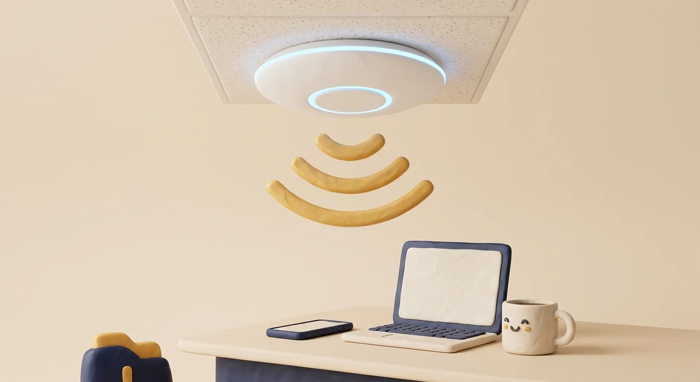 A ceiling Wi-Fi access point reaching a laptop, a phone and a happy coffee mug.