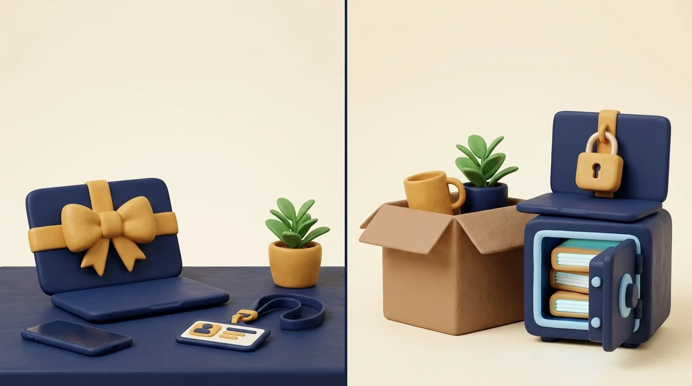 A new laptop with a bow on one side; a packed box and a locked laptop on the other.