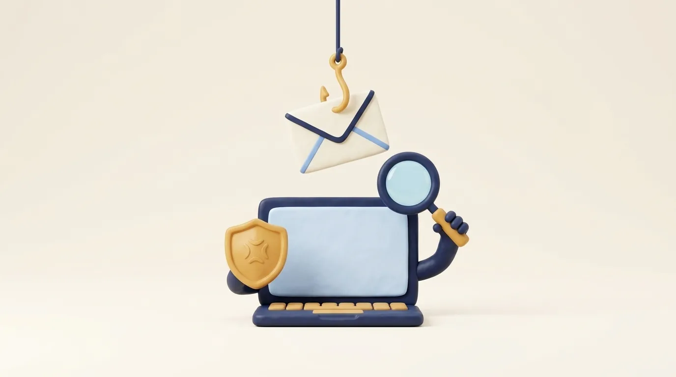 A suspicious email on a fishing hook, with a laptop holding up a shield and a magnifying glass.