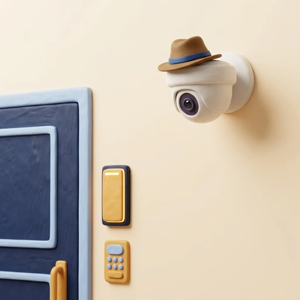 A security camera in a detective hat watching a door with a card reader.