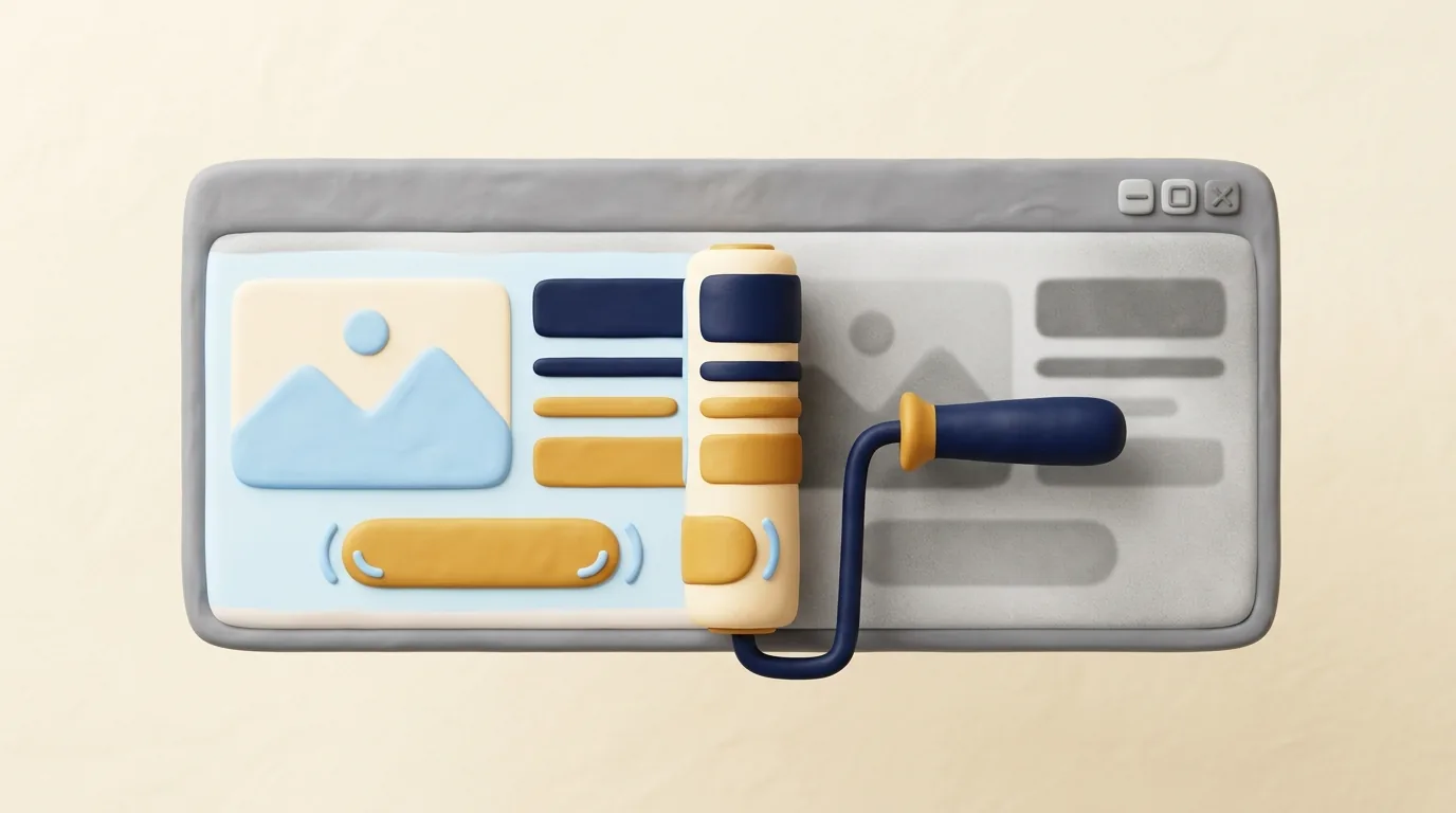 A paint roller turning a dull grey website into a bright, modern one.